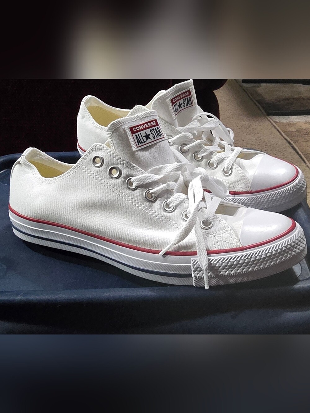 Converse All Star Low Top Canvas Sneakers White w/Red & Navy Trim Mens Sz 9.5